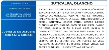Foto de las Zonas de Juticalpa, Olancho que estarán sin energía este jueves 29 de octubre de 2026, según la ENEE.