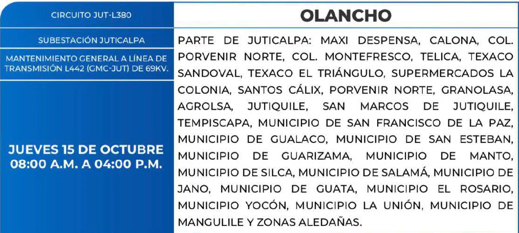 Foto de las Zonas de Olancho que estarán sin energía este jueves 15 de octubre, según la ENEE.