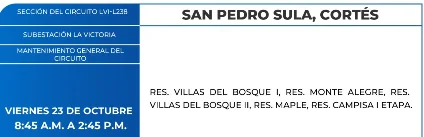 Foto de las Zonas de San Pedro Sula, Cortés que estarán sin energía este viernes 23 de octubre, según la ENEE.
