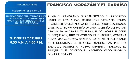 Foto de las Zonas de Francisco Morazán y El Paraíso estarán sin energía este jueves 22 de octubre, según la ENEE.