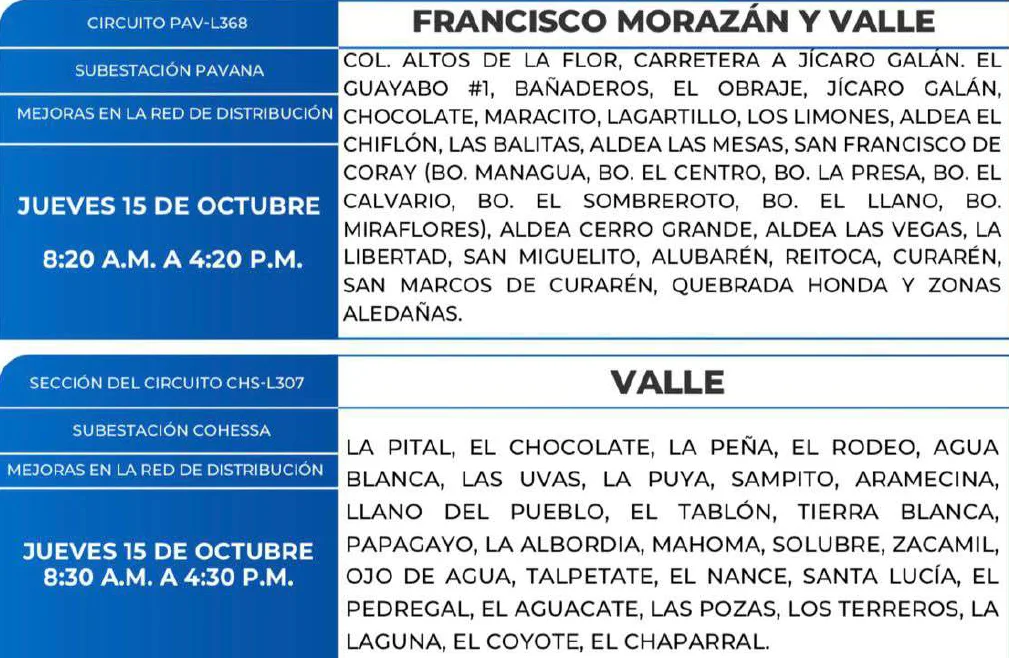 Foto de las Zonas de Francisco, Morazán y Valle que estarán sin energía este jueves 15 de octubre, según la ENEE.