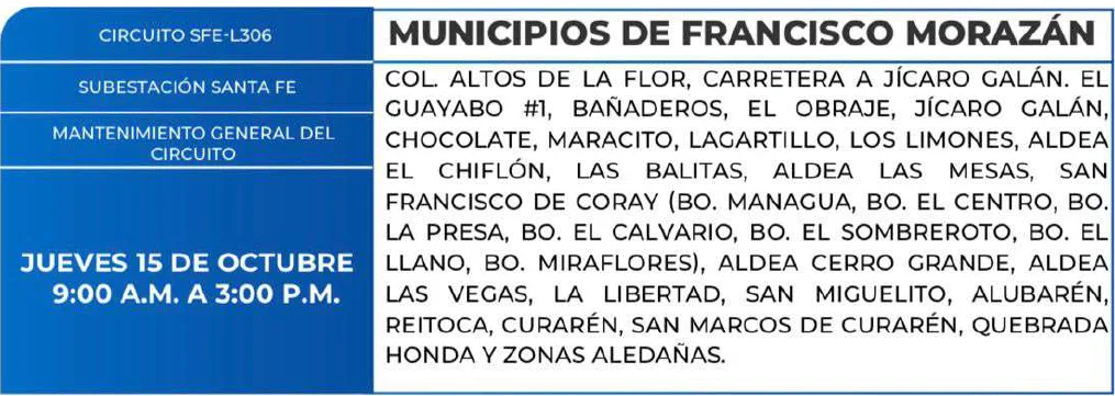 Foto de las Zonas de Francisco Morazán que estarán sin energía este jueves 15 de octubre, según la ENEE.