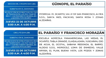 Foto de las Zonas de Güinope, El Paraíso estarán sin energía este jueves 22 de octubre, según la ENEE.