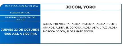 Foto de las Zonas de Jocón, Yoro estarán sin energía este jueves 22 de octubre, según la ENEE.