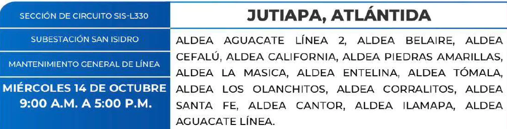Foto de las Zonas de Jutiapa, Altántida que estarán sin en energía este miércoles 14 de octubre, según la ENEE.