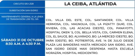 Foto de las Zonas de La Ceiba, Atlántida que estarán sin energía eléctrica este sábado 31 de octubre, según la ENEE.