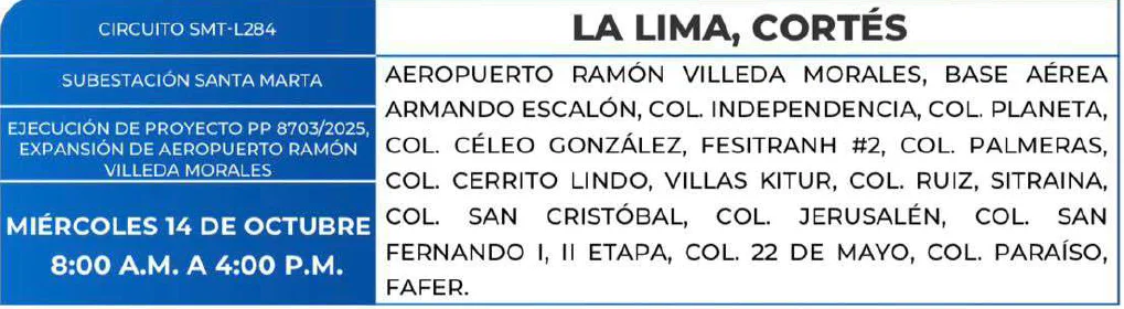 Foto de las Zonas de La Lima, Cortés que estarán sin en energía este miércoles 14 de octubre, según la ENEE.