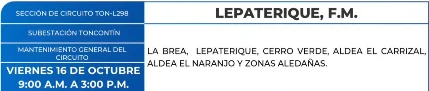 Foto de las Zonas de Lepaterique que estarán sin energía este viernes 16 de octubre, según la ENEE.