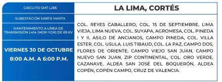 Foto de las Zonas de La Lima, Cortés  que estarán sin energía eléctrica este viernes 30 de octubre de 2026, según la ENEE.