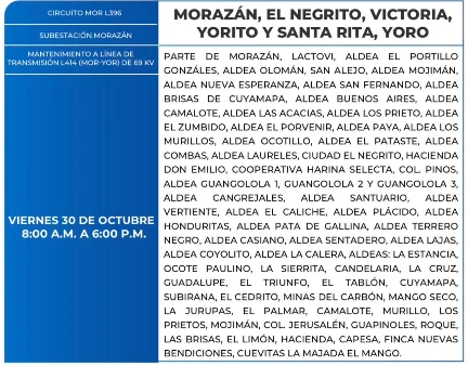 Foto de las Zonas de Morazán, El Negrito, Victoria, Yorito y Santa Rita y Yoro que estarán sin energía eléctrica este viernes 30 de octubre de 2026, según la ENEE.