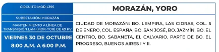 Foto de las Zonas de Morazán y Yoro que estarán sin energía eléctrica este viernes 30 de octubre de 2026, según la ENEE.