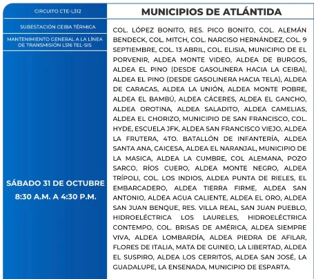 Foto de las Zonas de Atlántida que estarán sin energía eléctrica este sábado 31 de octubre, según la ENEE.
