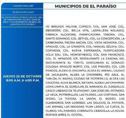 Foto de las Zonas de El Paraíso que estarán sin energía este jueves 22 de octubre, según la ENEE.