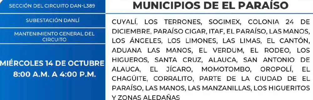 Foto de las Zonas de El Paraíso que estarán sin en energía este miércoles 14 de octubre, según la ENEE.