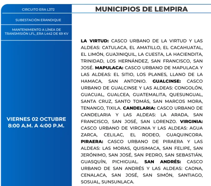 Foto de las Zonas de Lempira estarán sin energía este viernes 2 de octubre, según la ENEE.