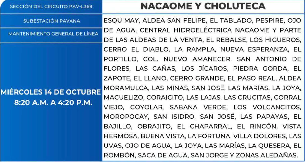 Foto de las Zonas de Nacaome y Choluteca que estarán sin en energía este miércoles 14 de octubre, según la ENEE.