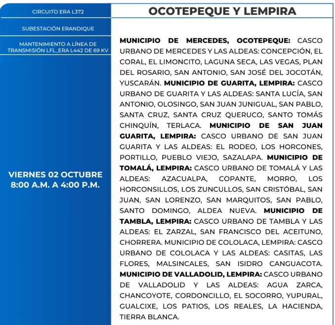 Foto de las Zonas de Ocotepeque y Lempira estarán sin energía este viernes 2 de octubre, según la ENEE.