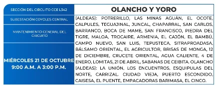 Foto de las Zonas de Olancho y Yoro que estarán sin energía este miércoles 21 de octubre, según la ENEE.