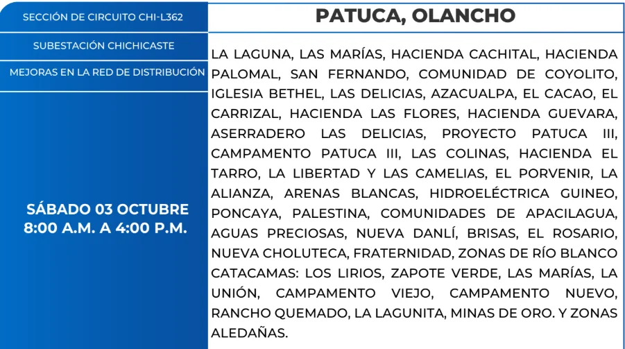 Foto de las Zonas de Patuca, Olancho que estarán sin energía este sábado 3 de octubre de 2026, según la ENEE.