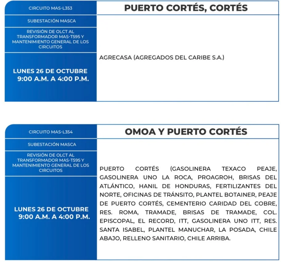 Foto de las Zonas de Omoa y Puerto Cortés que estarán sin energía este lunes 26 de octubre de 2026, según la ENEE.