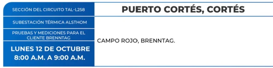 Foto de las Zonas de Puerto Cortés que estarán sin energía este lunes 12 de octubre, según la ENEE.