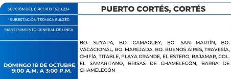 Foto de las Zonas de Puerto Cortés que estarán sin energía este domingo 18 de Octubre, según la ENEE.