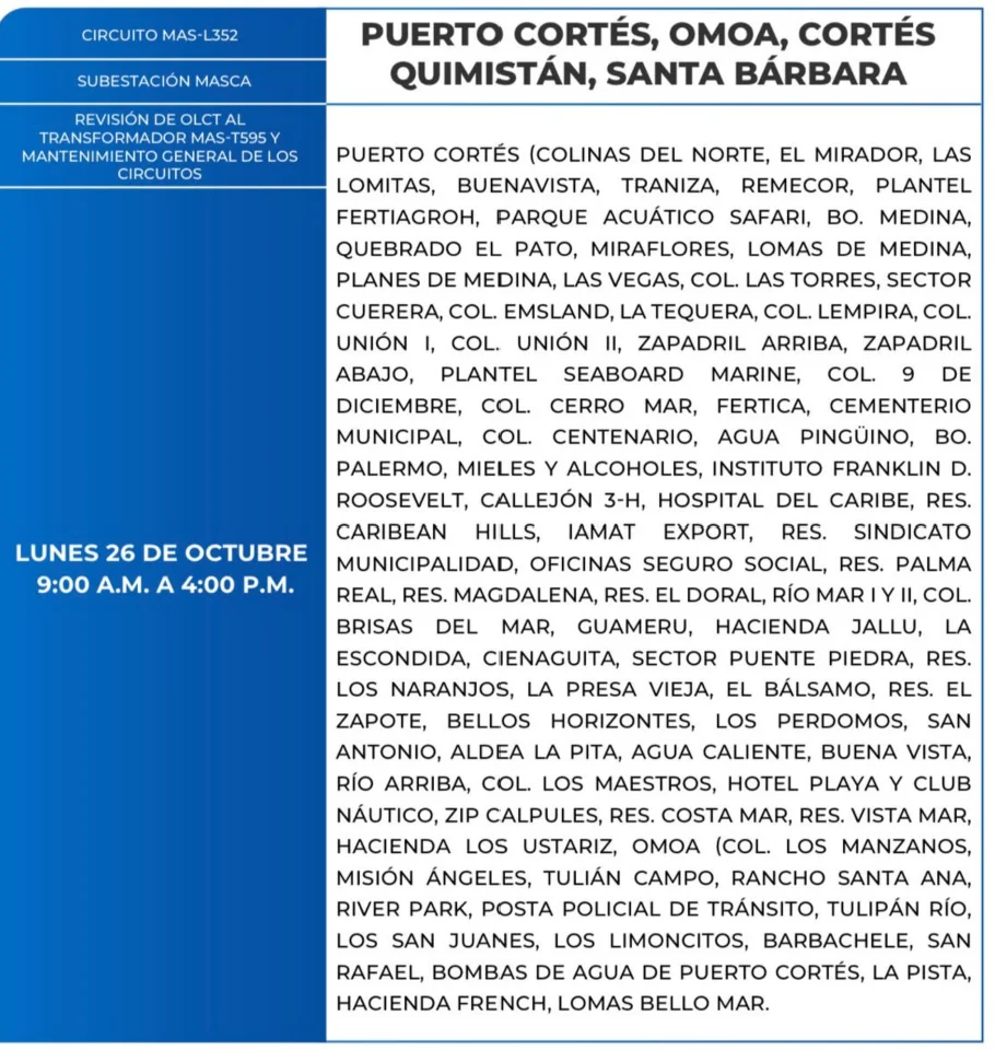 Foto de las Zonas de Omoa, Puerto Cortés, Qumistán y Santa Bárbara que estarán sin energía este lunes 26 de octubre de 2026, según la ENEE.