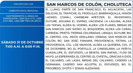 Foto de las Zonas de San Marcos de Colón, Choluteca que estarán sin energía eléctrica este sábado 31 de octubre, según la ENEE.