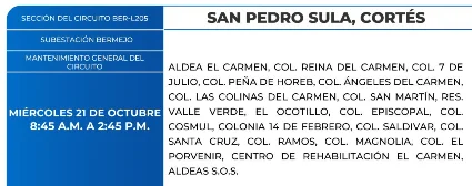 Foto de las Zonas de San Pedro Sula, Cortés que estarán sin energía este miércoles 21 de octubre, según la ENEE.