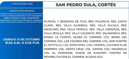 Foto de las Zonas de San Pedro Sula que estarán sin energía eléctrica este sábado 31 de octubre, según la ENEE.