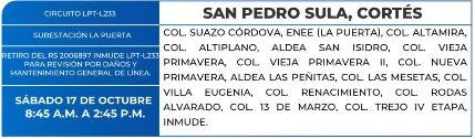 Foto de las Zonas de San Pedro Sula, Cortés que estarán sin energía eleéctrica este sábado 17 de octubre, según la ENEE.