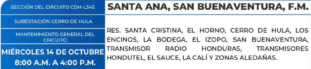Foto de las Zonas de Santa Ana, San Buenaventura que estarán sin en energía este miércoles 14 de octubre, según la ENEE.