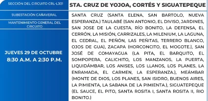 Foto de las Zonas de Santa Cruz de Yojoa, Cortes y Siguatepeque que estarán sin energía este jueves 29 de octubre de 2026, según la ENEE.