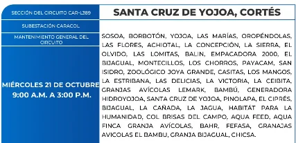 Foto de las Zonas de Santa Cruz de Yojoa, Cortés que estarán sin energía este miércoles 21 de octubre, según la ENEE.