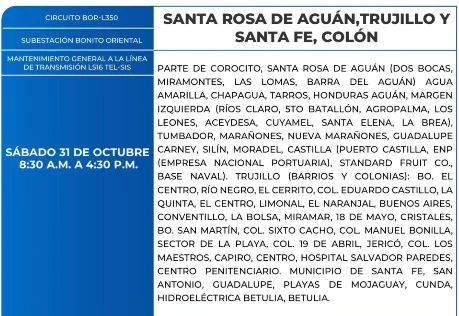 Foto de las Zonas de Santa Rosa de Aguán Trujillo y Santa Fe, Colón que estarán sin energía eléctrica este sábado 31 de octubre, según la ENEE.