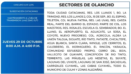 Foto de las Zonas de Olancho que estarán sin energía este jueves 29 de octubre de 2026, según la ENEE.