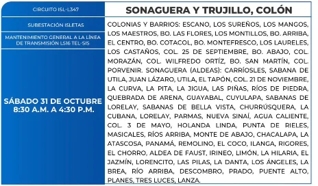 Foto de las Zonas de Sonaguera, Trujillo, Colón que estarán sin energía eléctrica este sábado 31 de octubre, según la ENEE.