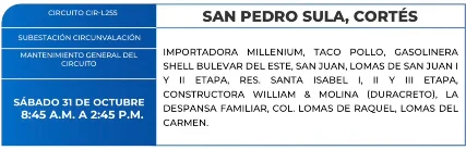 Foto de las Zonas de San Pedro Sula que estarán sin energía eléctrica este sábado 31 de octubre, según la ENEE.