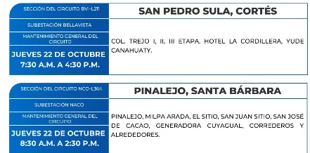 Foto de las Zonas de San Pedro Sula, Cortes y Pinalejo, Santa Bárbara estarán sin energía este jueves 22 de octubre, según la ENEE.