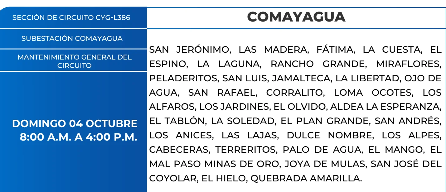 Foto de las Zonas de Comayagua que estarán sin energía este domingo 4 de octubre, según la ENEE.