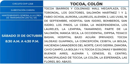 Foto de las Zonas de Tocoa, Colón que estarán sin energía eléctrica este sábado 31 de octubre, según la ENEE.