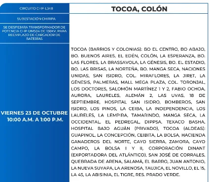 Foto de las Zonas de Tocoa, Colón que estarán sin energía este viernes 23 de octubre, según la ENEE.