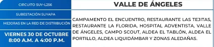 Foto de las Zonas de Valle de Ángeles  que estarán sin energía eléctrica este viernes 30 de octubre de 2026, según la ENEE.