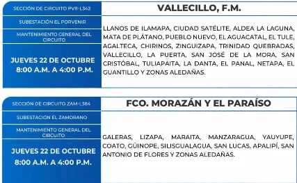Foto de las Zonas de Vallecillo, FCO. Morazán y El Paraíso estarán sin energía este jueves 22 de octubre, según la ENEE.