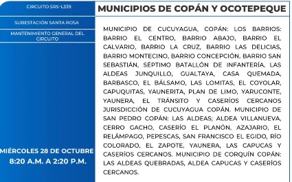 Foto de las Zonas de Copán y Ocotepeque estarán sin energía eléctrica este miércoles 28 de cotubre, sgún la ENEE.