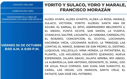 Foto de las Zonas de Yorito y Sulaco, Yoro y Marale, Francisco Morazán que estarán sin energía eléctrica este viernes 30 de octubre de 2026, según la ENEE.