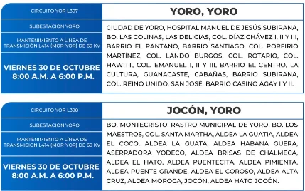 Foto de las Zonas de Yoro y Jocón que estarán sin energía eléctrica este viernes 30 de octubre de 2026, según la ENEE.