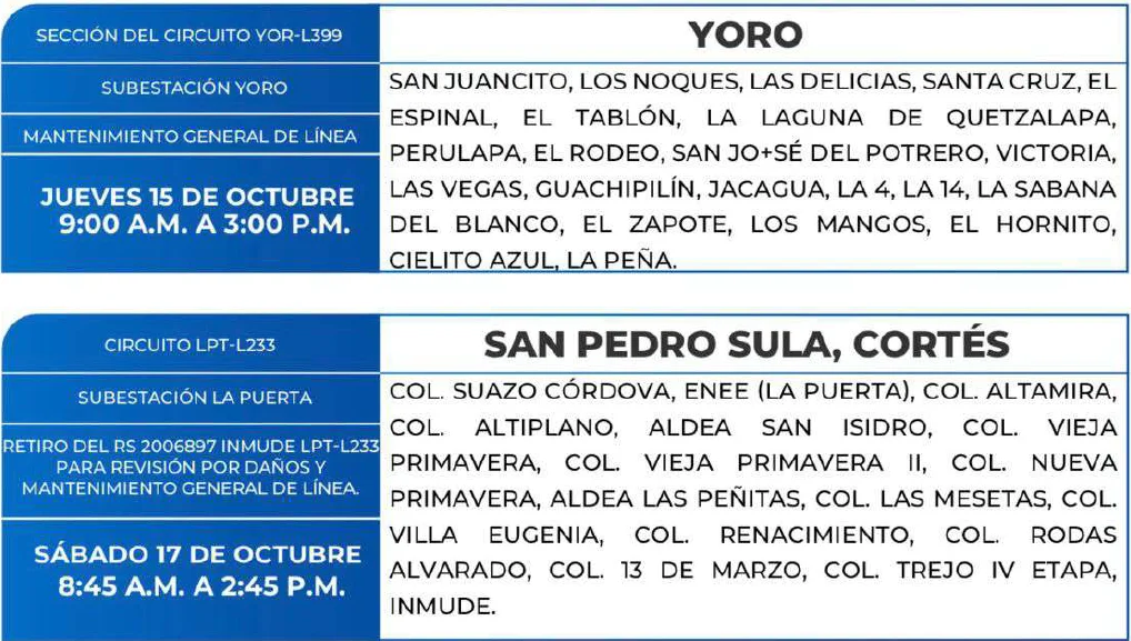 Foto de las Zonas de Yoro, Cortés que estarán sin energía este jueves 15 de octubre, según la ENEE.