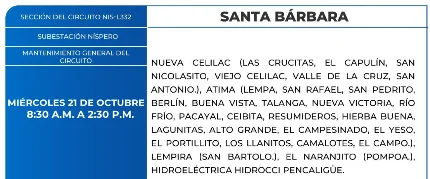 Foto de las Zonas de Santa Bárbara que estarán sin energía este miércoles 21 de octubre, según la ENEE.