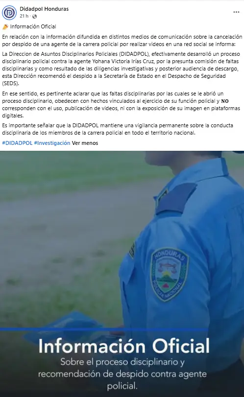 Comunicado de la DIDADPOL por separación de Yohana Irías
